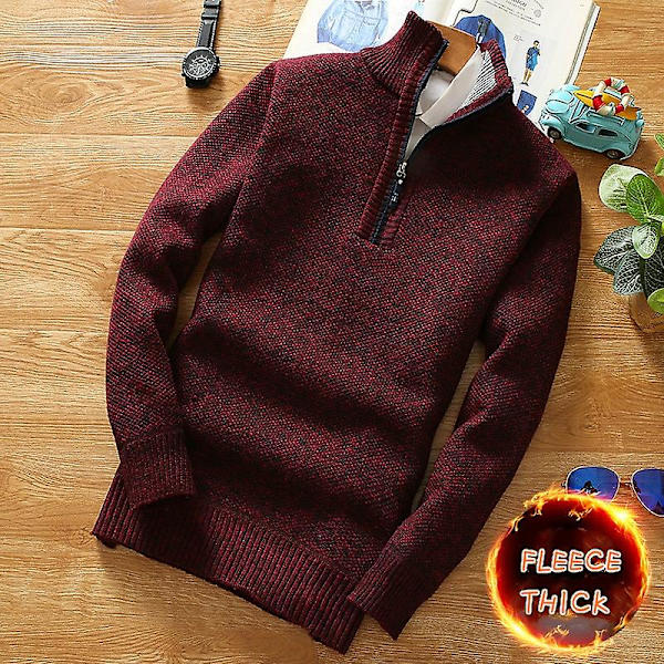 Vinter Herr Fleece Tjockare Tröja Halv Dragkedja Polokrage Varm Pullover Kvalitet Man Slim Stickade Ylletröjor För Våren Red XL