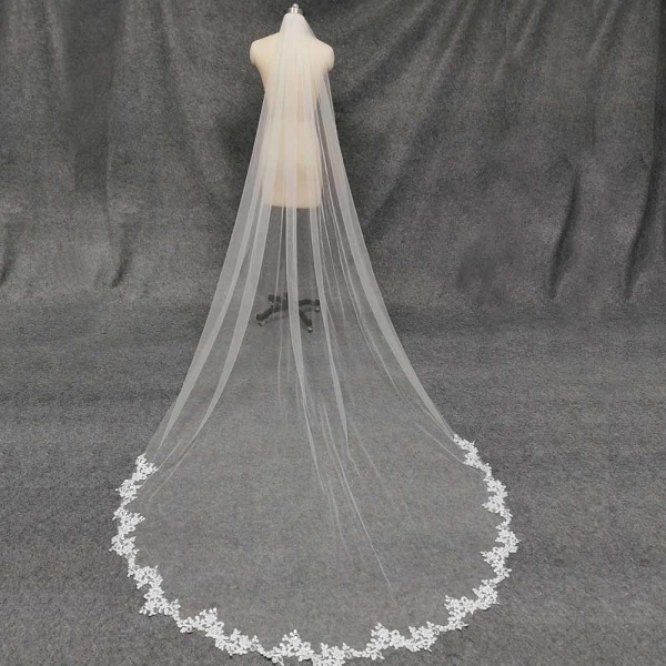 Spetsapplikation 3M Längd 1,5M Bredbandskam Bröllopsklänning Ett lager Vit Elfenben Mjuk Tyll Brudslöja Ivory 300cm