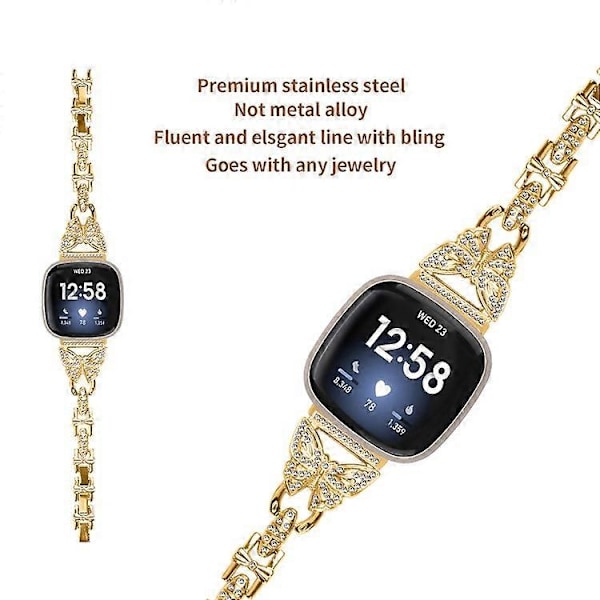 Kompatibel med Fitbit Versa 3 / Sense armbånd i rustfritt stål med sommerfugl-rhinestone dekor klokkereim Gold