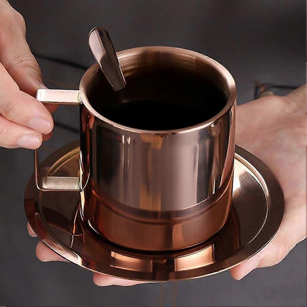 Kaffemuggset i rostfritt stål, diskmaskinssäkert, återanvändbart tekopp för hem/kontor/resor B Silver 3pcs 280ml