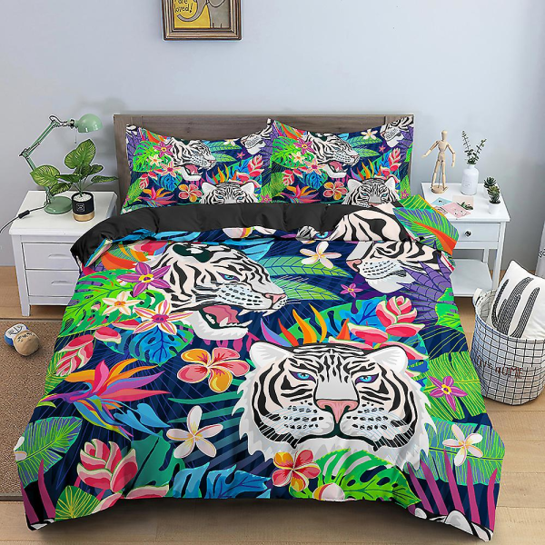 Tigerblommor King Queen Påslakanset Djur Blommig Sängkläder Set För Barn Tonåring Vuxen Djungel Gröna Växter Vilda Djur Mjukt Täcke