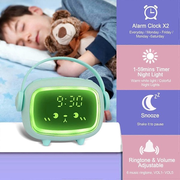 Digital Väckarklocka för Barn Flickor Pojkar, Söt Väckarklocka 2 Alarm 3 Skärmljusstyrka Timer Nattlampa Nedräkning Snooze Röststyrning Uppladdningsbar Klocka (