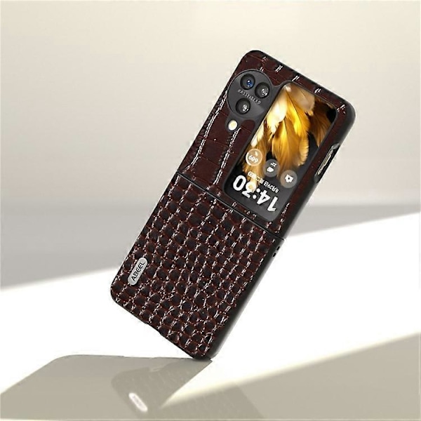 ABEEL Kompatibel med Oppo Find N3 Flip 5G Krokodiltextur Telefonskal Äkta Koläderbelagd PC Vikbart Fodral Espresso