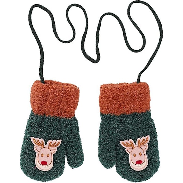 1-5 År Grønne Handsker Piger Drenge Vanter Strikkede Termiske Flannel Tegneserie Velvet Foring Vante Fuld Finger Fluffy Varme Hængende Hals Ski Snowboard Handsker