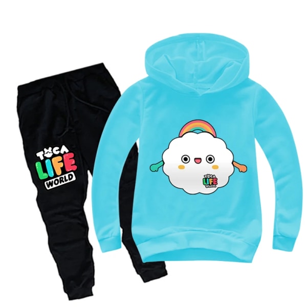 Toca Life World Hoodie Byxor 2-dels Set Barn Tecknad Toca Boca Life World Tryck Sportdräkt Baby Pojkar Kläder Småbarn Flick Kläder Sky Blue 140(9-10T)