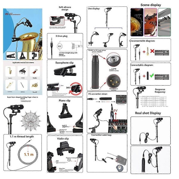 IM-22 Kablet Mikrofon til Saxofon, Violin, Klaver, Horn Hypercardioid Mini Bærbar Sax Mikrofon