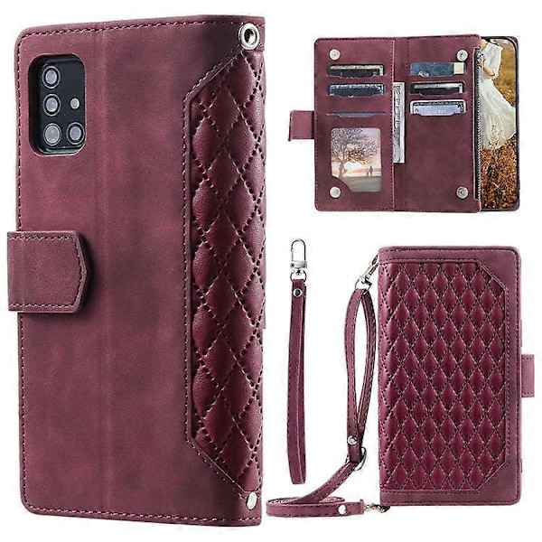 005 Style Kompatibel til Samsung Galaxy A51 4G SM-A515, Rhombus Tekstur Wallet Style PU Læder Telefon Cover Lynlåslomme Stand Fea WineRed