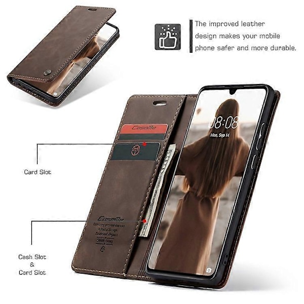 CASEME 013-serien Kompatibel med Huawei P30 Stötsäkert PU Läder Ställ Skydd Anti-repa Plånboksfodral Espresso
