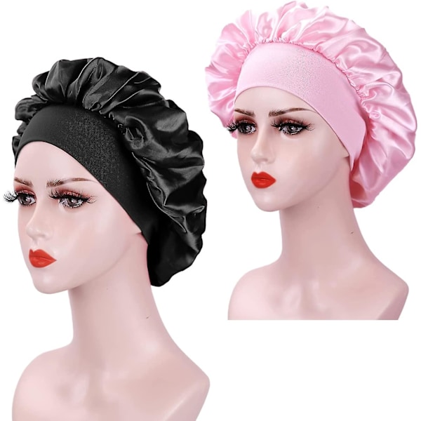 2 X Dam Satinhattar, Kvällshår Silk Hatt, Elastisk Satinhatt, Smink Silk Hatt (svart+rosa)