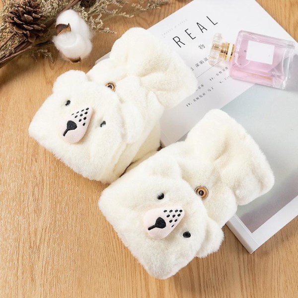 Plysj Bjørnepels Strikkede Hansker Hånd Flip Halv Finger Kjørehansker Vinter Myke Varme Tykke Hansker Jenter White Bear Gloves
