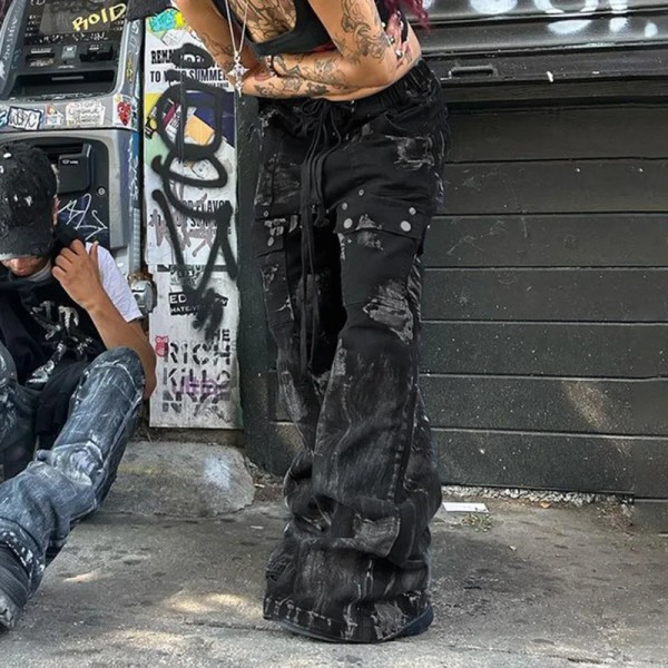 Muoti farkut tumma punk tyyli amerikkalainen trendikäs haalari ins design tahriintunut persoonallisuus raskaan teollisuuden löysät farkut housut Black S