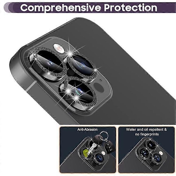 Kompatibel med iPhone 16 Pro / 16 Pro Max Glitter Kameralinse Film Metallring+Herdet Glass Telefonlinse Beskytter Black