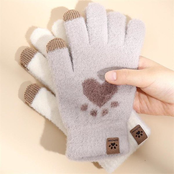 Søte hjertehansker for kvinner, fluffy plysj-hansker for vinteren khaki 2