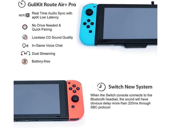 GuliKit Route Air Pro Bluetooth -sovitin Nintendo Switch/Switch OLED/Switch Lite PS5 PS4 PC:lle, langaton audiolähetin aptX LL:llä, tukee in-Ga