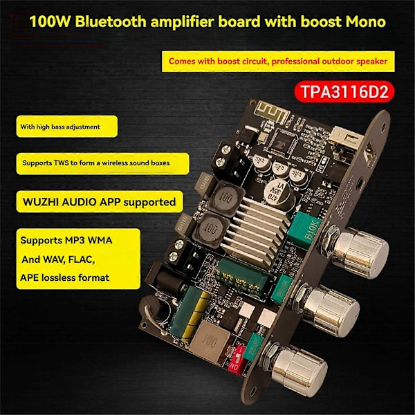 TPA3116D2 100W Bluetooth Ljudförstärkarkort Mono med Boost Hi-Bass Justering DIY Högtalarförstärkare