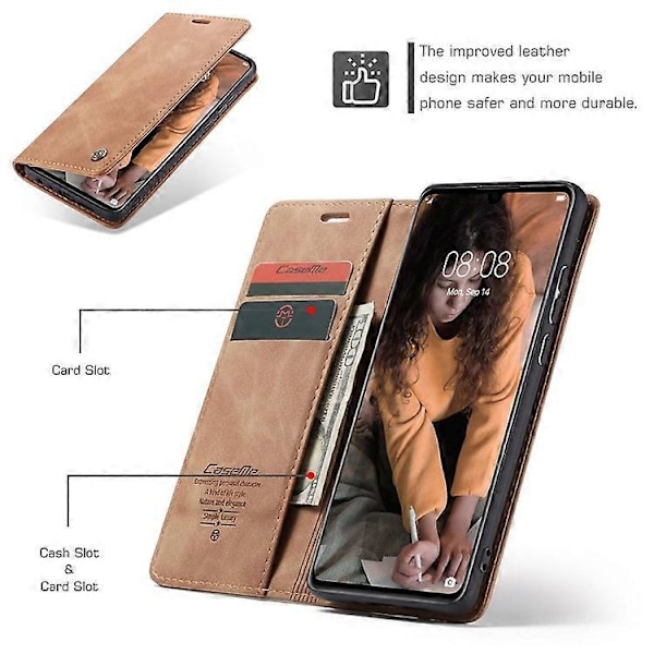 CASEME 013-serien Kompatibel med Huawei P30 Stötsäkert PU Läder Ställ Skydd Anti-repa Plånboksfodral Brown