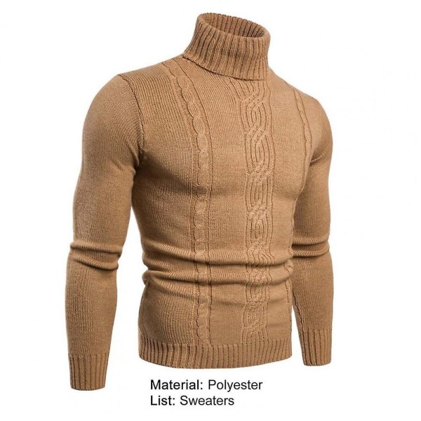 Smal polotröja för män, långärmad, avslappnad tröja med ribbade muddar, ledig hög hals, enfärgad, varm stickad topp för vardagsbruk