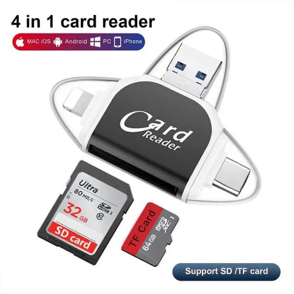 4-i-1 SD-kortläsare Micro TF-adapter för att visa kamerabilder och videor på Windows Mac iPhone Android black