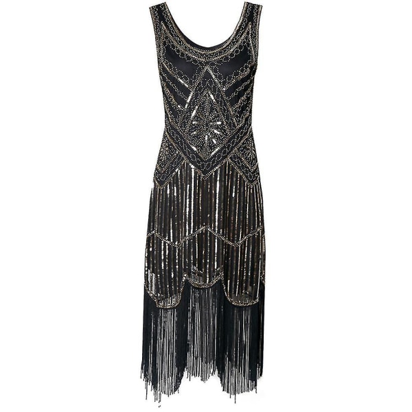 Halloween Dam 1920-tals Klänning Fest Franskostym Klänning 20-tal Paljetter Pärlbroderad Vintage Kvällsfest Eleganta Klänningar Black Gold L