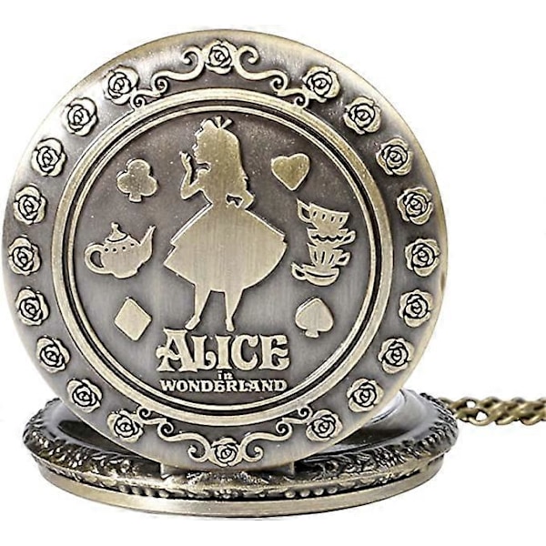 Alice i Underlandet-tema 3D Bronsfärgad Dam Quartz Fickur Halsband - På 32\" Tum / 80cm Kedja