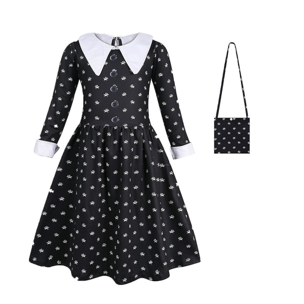 Keskiviikkoisin Addams Mekko Lasten Tyttöjen Cosplay-juhlamekko+laukku+peruukit/mekko+laukku/peruukit 4-10 vuotiaille Tyylikkäät pukeutumisasut Dress 7-8 Years