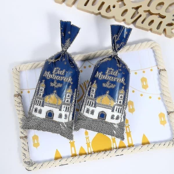 100 st Eid Mubarak Presentpåsar, Blå Guld Ramadan Tema Tryckta Eid Mubarak Kalaspåsar Med Snören