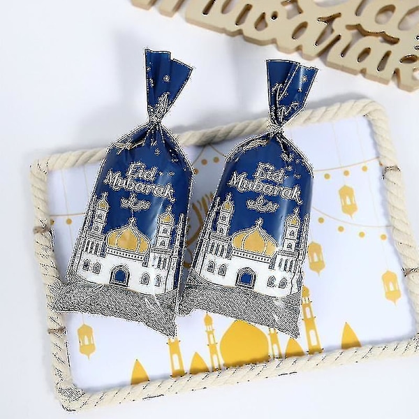 100 stk. Eid Mubarak Gaveposer, Blå Gull Ramadan-tema Trykte Eid Mubarak Festgodteposer med Twist Ties