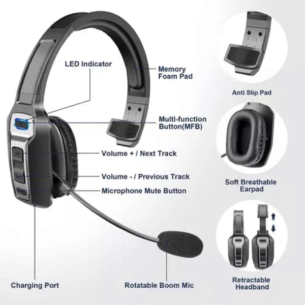 Støyreduserende Bluetooth 5.2 Trådløst Headset for Lastebilsjåfører, Telefoner og PCer