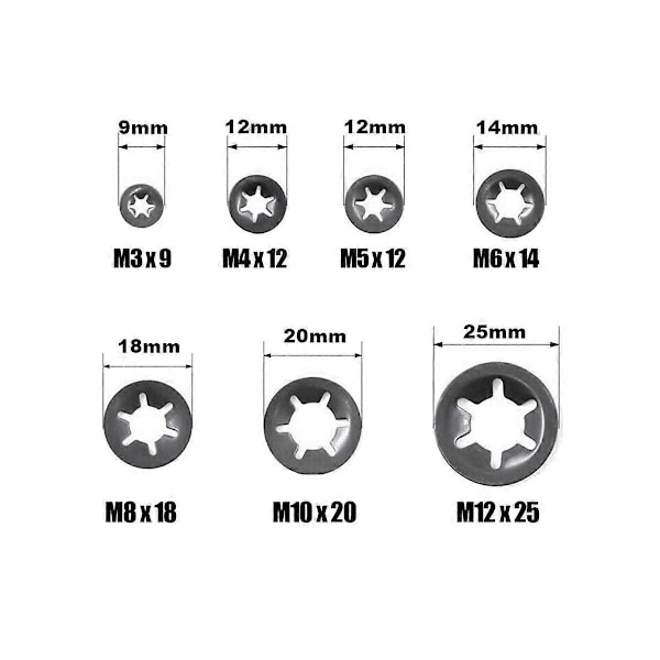 340 st M3M4M M6M8M10M12 Hål Retentionsring Lagerklämma 65 Mn Stål Stjärnlås Låsmutter Sortiment