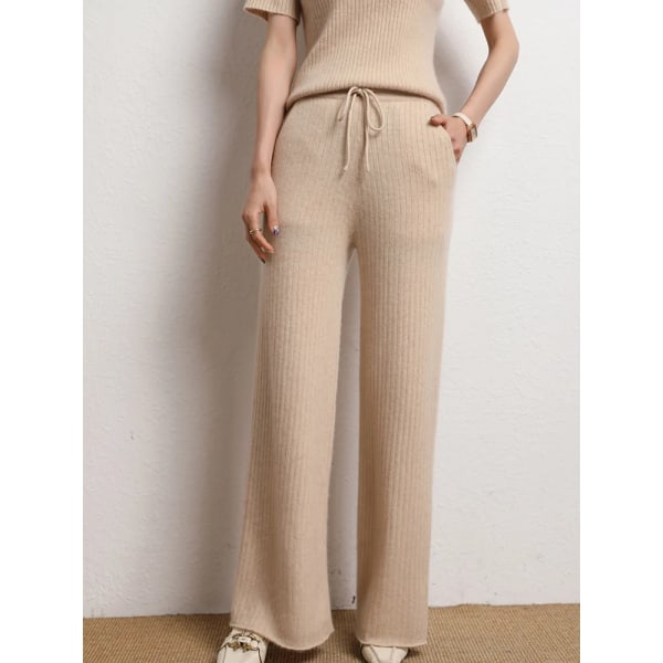 Nya Chic 100% Kashmir Dam Wide Leg Byxor Höst Vinter Casual Hög Kvalitet Mjuka Varma Stickade Drop Mop Byxor Koreansk Mode qing rong L
