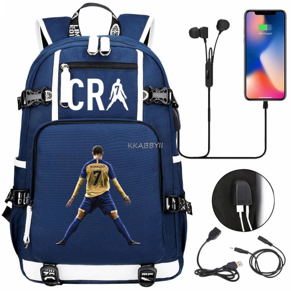 CR7 Printed Ryggsäck Pojkar Flickor Skolväska USB Reseväska Pink