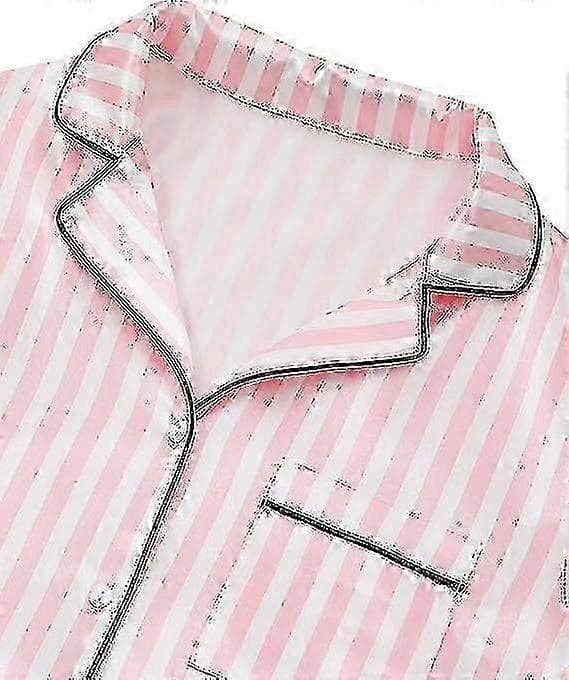 Sommerpyjamas til kvinder, pyjamassæt i silkesatin til kvinder Pink Stripe S