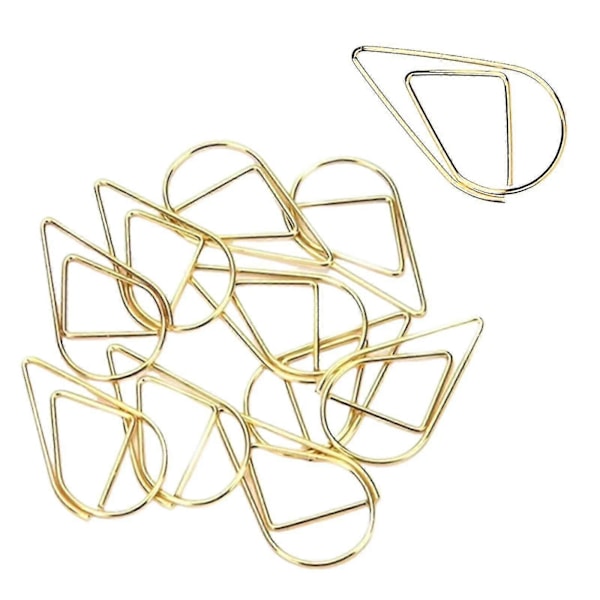 100 stk. Retro Hul Vanndråpeform Små Papirklemmer Metall Bokmerkeklemmer Signeringsklemmer Papirklemme, 15x25mm, Gullfarget