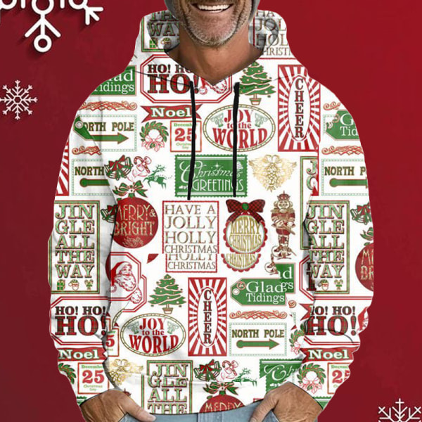 Rund hals genser Juleserie 3D-printet løs trendy pullover hettegenser for menn XS