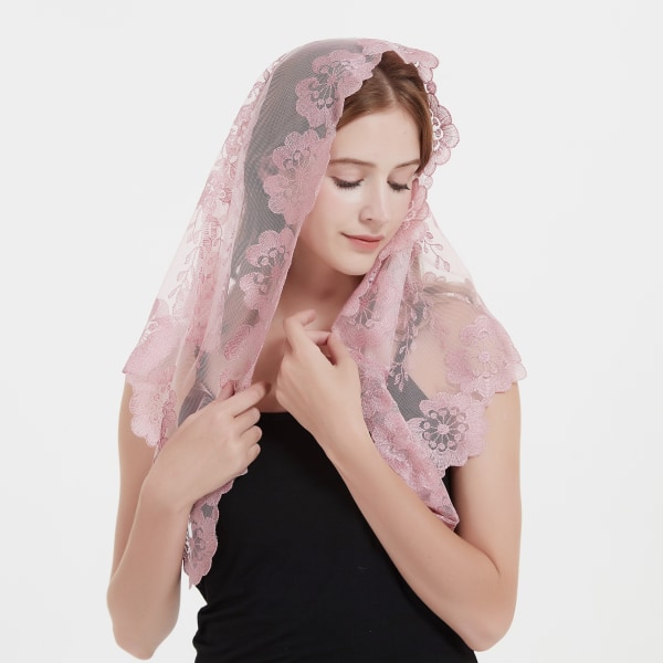 Vaaleanpunainen espanjalaistyylinen pitsimantilla naisille, hääpäähine, kirkkohuntu dark camel on black