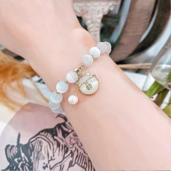 Lucky Moonstone Pärlor Katt Armband Lockar Rikedom Kvinnor Mode Present O0C8