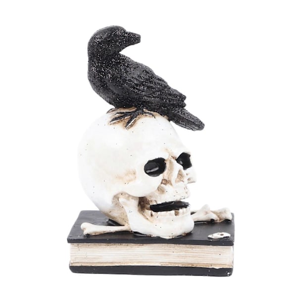 Luurankohahmo, pelottavan rikkaat yksityiskohdat, elävät värit, vahva hartsi, vakaa pääkallohahmo Halloween-koristeluun, varis pääkallon päällä