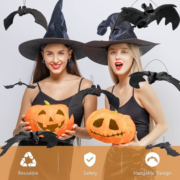 10 stk. Halloween Flaggermusdekorasjoner - Hengende Skumle Flaggermus i Gummi