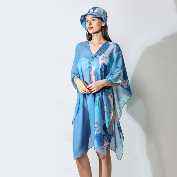 Dame fiskerlue med trykt løst sjal lue sjal blue