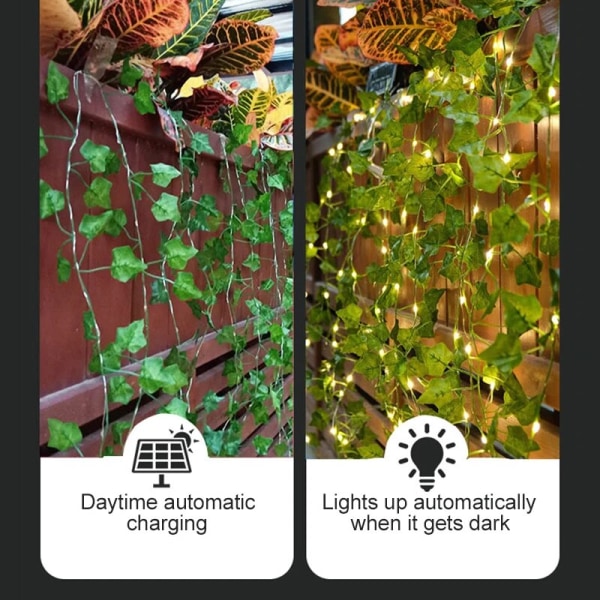 Solcelledrevet utendørs vanntett LED lyslenke hageplanter rotting treblader Bryllup Juleferie dekorasjon kobbertråd lys Solar - 10m 100LED