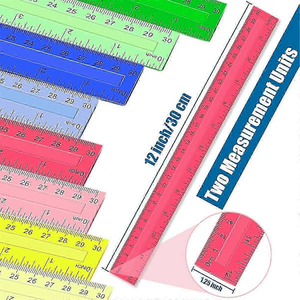 32 stk. 30 cm Plastlinealer Gennemsigtige Assorterede Farver med Centimeter og Tommer til Skolekontorartikler Bulkpakke