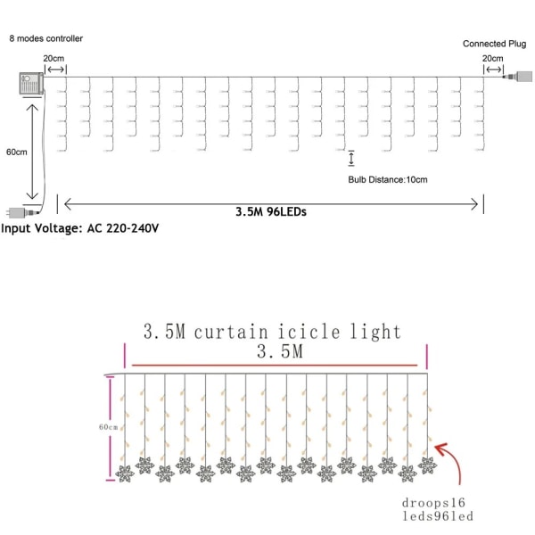 Stor rea 3.5M 96 lampor LED-gardinljus utomhus jul AC220V snöflinga slingljus vattentät fest juldekor Cool white UK Plug