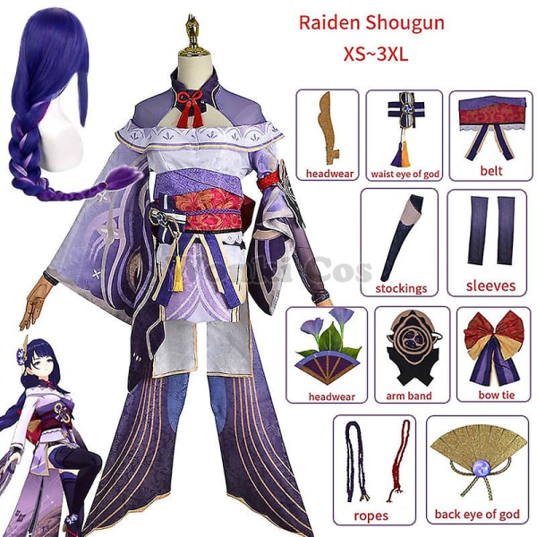 Genshin Impact Raiden Shogun Cosplay Kostym Peruk Lila Långt Hår Halloween Kostymer Fullt Set Genshin Baal Shougun Cosplay XXXL