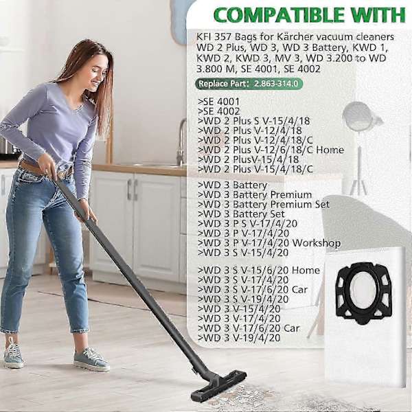 8-pack KFI 357 dammsugarpåsar kompatibla med Krcher WD 2 Plus, WD 3, WD 3 Battery, KWD 1, KWD 2, KWD 3, MV 3, WD 3.200