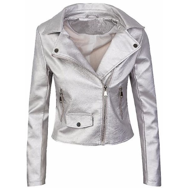 Dame Mode Langærmet Reverskrave Casual Formel Læderjakke silver XL