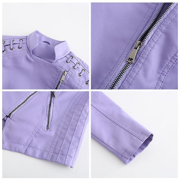 Læderjakke til kvinder, afslappet med lynlås. Fås i 12 farver Purple B XXL