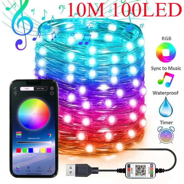 Smart RGB Julgransljusslinga APP Bluetooth Kontroll Vattentät USB Koppartrådslampor 16 Färger Nyårsdekoration 10M 100LED