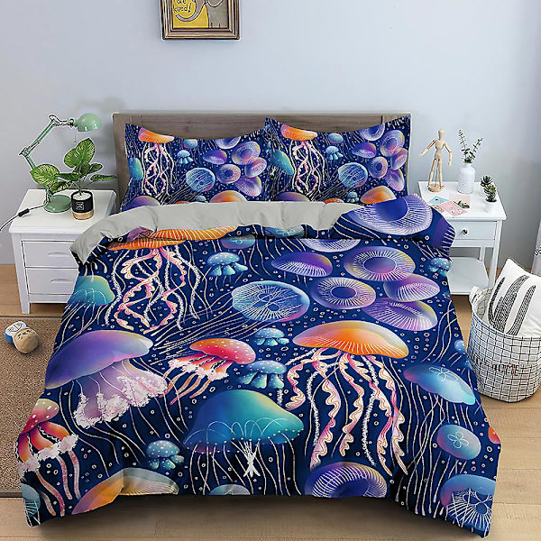 Ocean Jellyfish Sengetøy Sett Skinnende Havdyr Dynetrekk King/Queen Size Magisk Marint Liv Blå 2/3 stk Polyester Dynetrekk