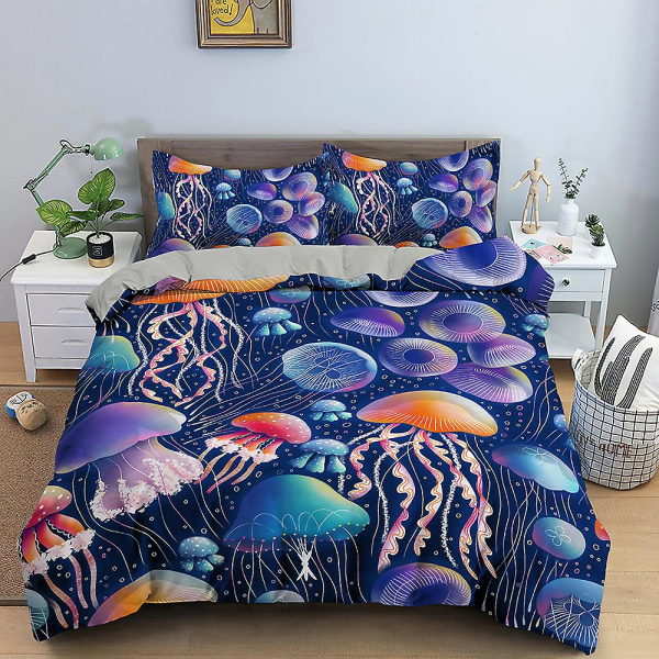 Ocean Jellyfish vuodevaatteet set kiiltävä merieläin cover King/queen koko Magical Marine Life Blue 2/3 kpl polyesteri cover