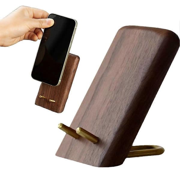 Smartphoneholder i sort valnøddetræ, bordholder i træ, messingstativ